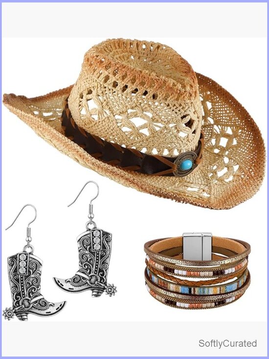 Accessories - Western Cowboy Hat Set with Bracelet and Earrings Bohemian Vintage